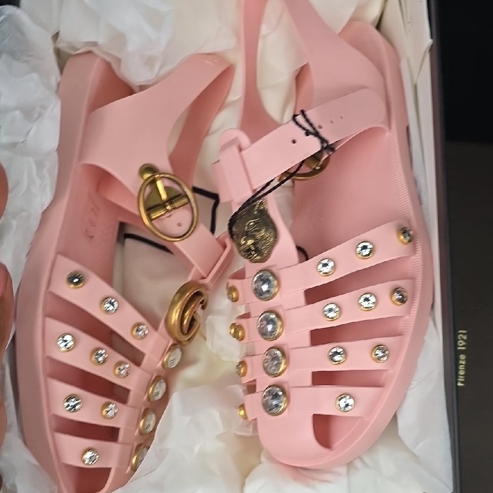Gucci Pink and Gold Sandals with Crystal Embellishments
